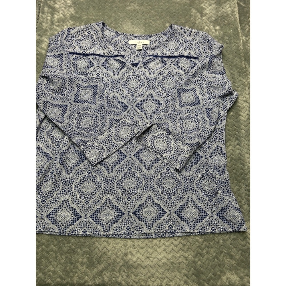 Fever Womens Blue White Medallion Print 3/4 Sleeve Blouse Top Size M‎ M6654041FW